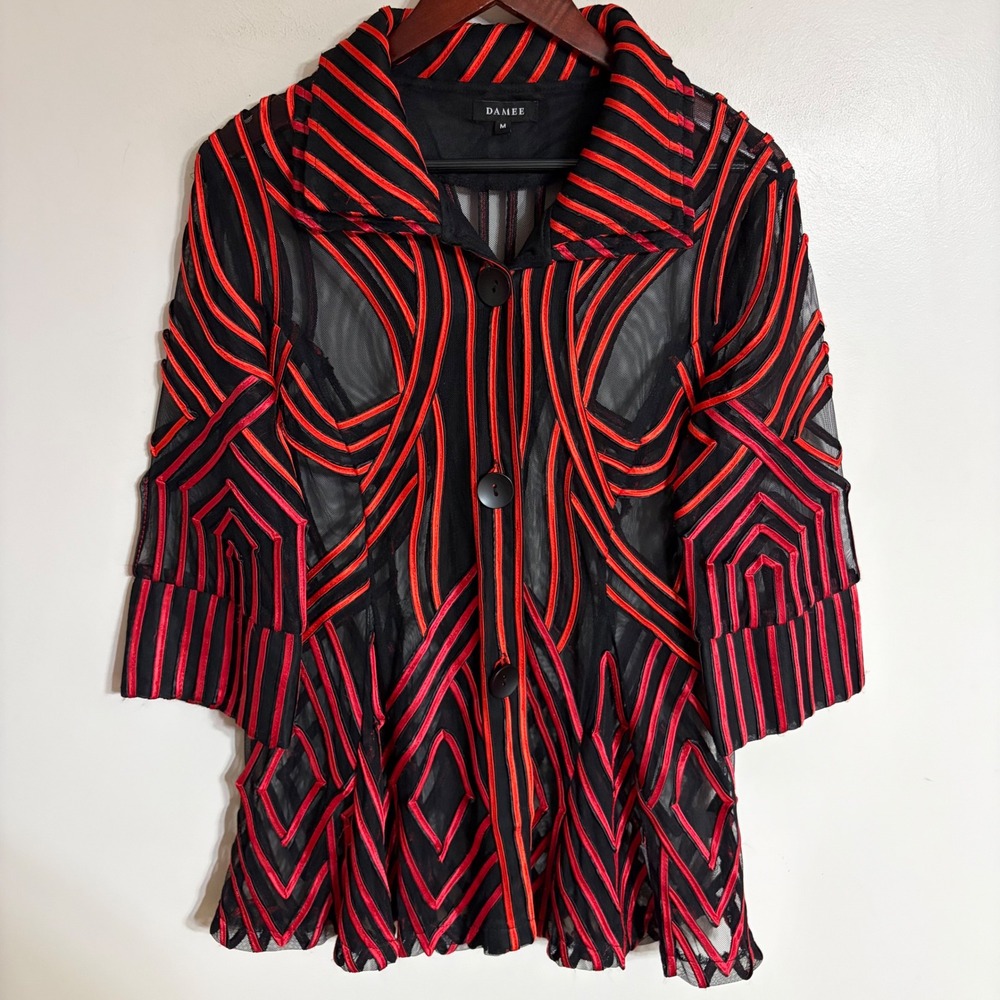 Damee Soutache Jacket Womens Medium Black Red Sheer Mesh Ribbon Embroidered Coat